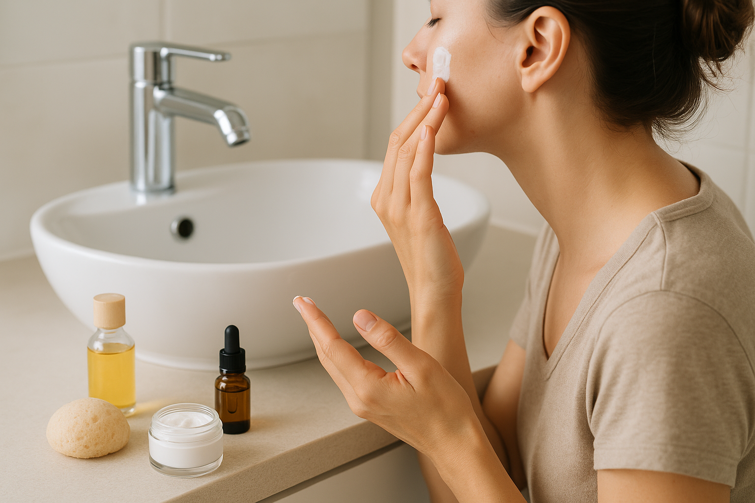 Routine quotidiana di cura della pelle con applicazione di crema idratante in luce naturale
