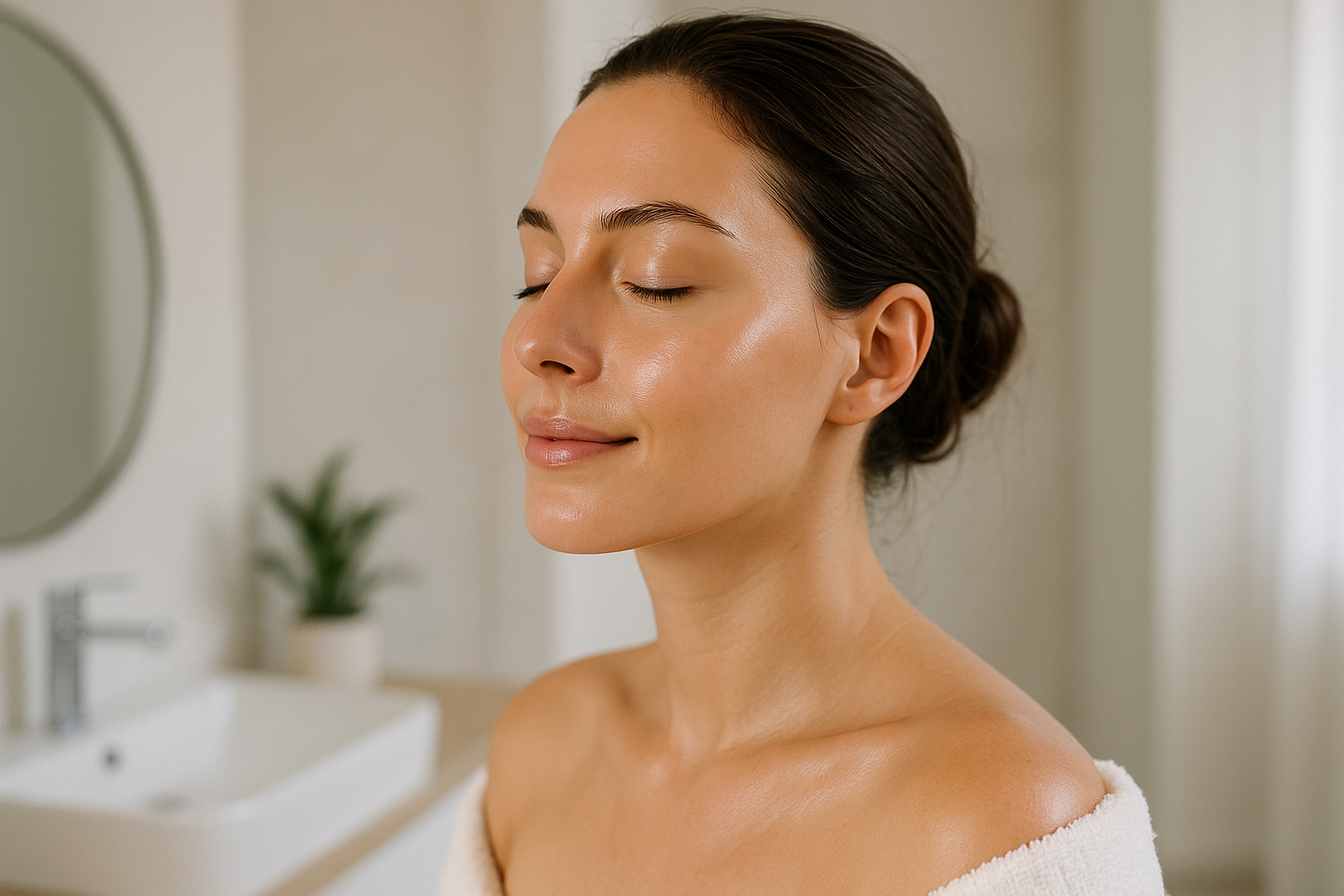 Viso con pelle luminosa e uniforme dopo una routine skincare essenziale