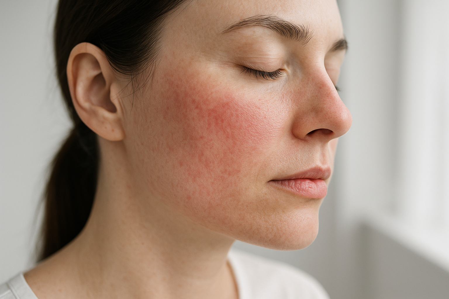 Pelle del viso con lieve irritazione e rossore, aspetto naturale