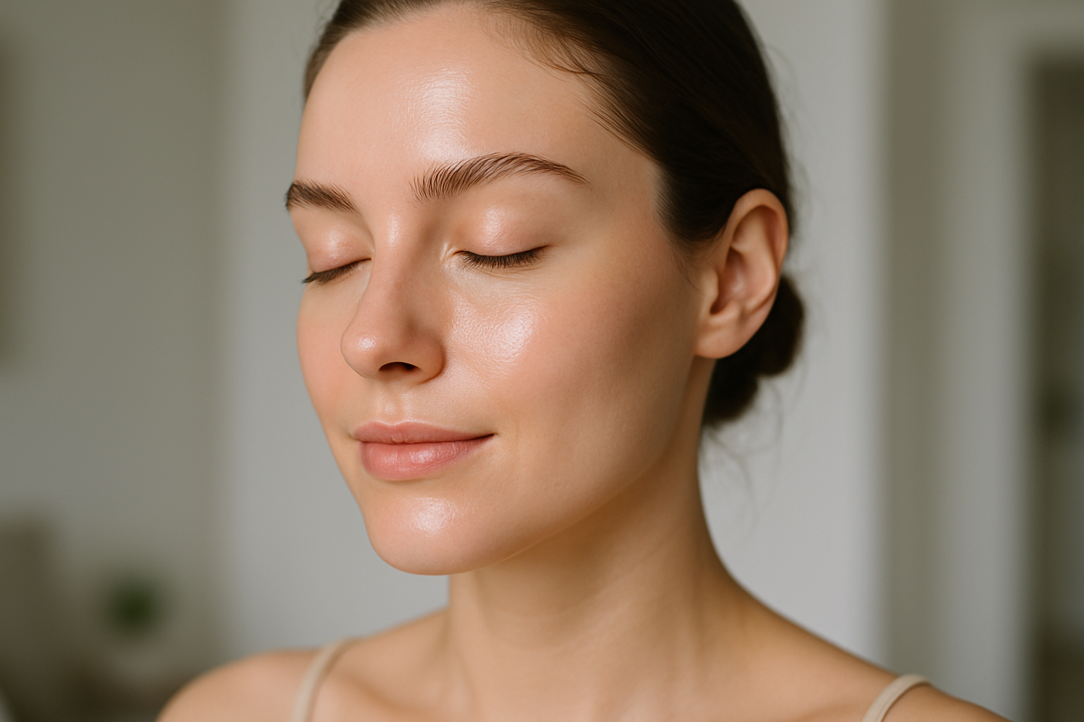 Viso con pelle dall’aspetto sano e luminoso in luce naturale