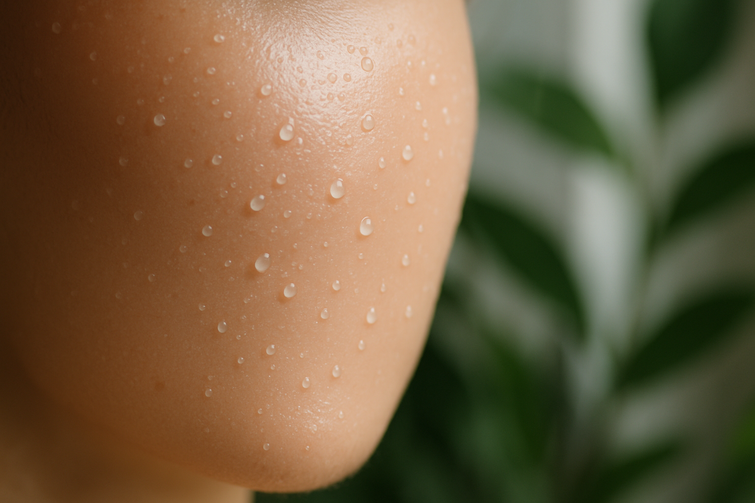 Pelle luminosa con gocce d'acqua e sfondo naturale verde