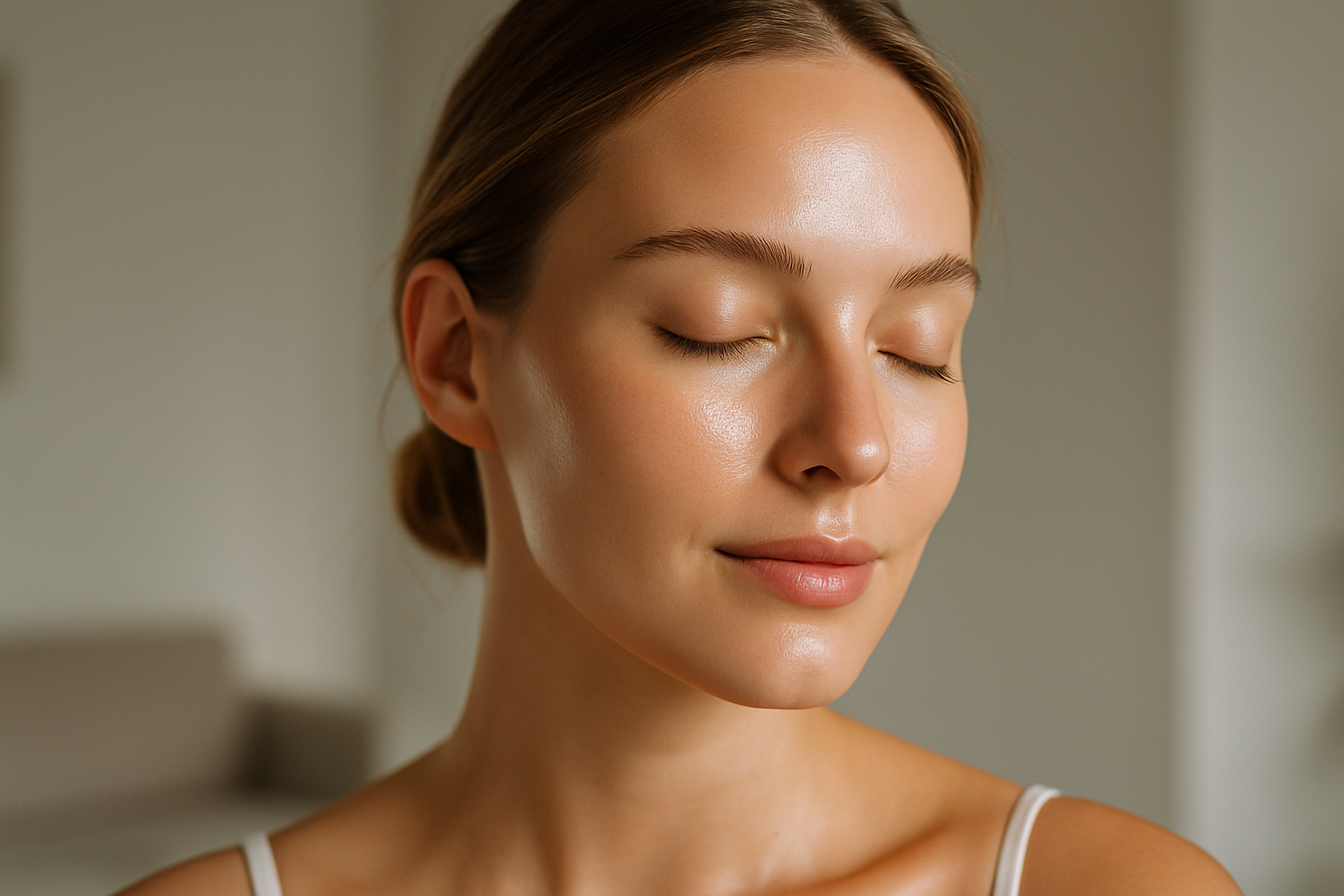 Viso con pelle luminosa e uniforme in luce naturale, senza trattamenti invasivi