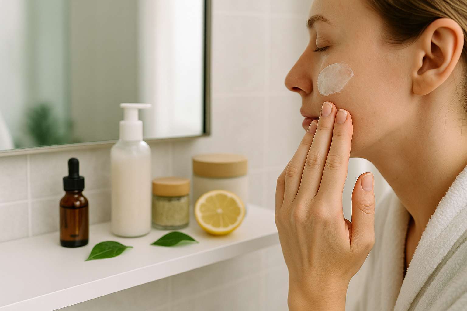 Routine quotidiana di cura della pelle con applicazione di crema in un ambiente luminoso