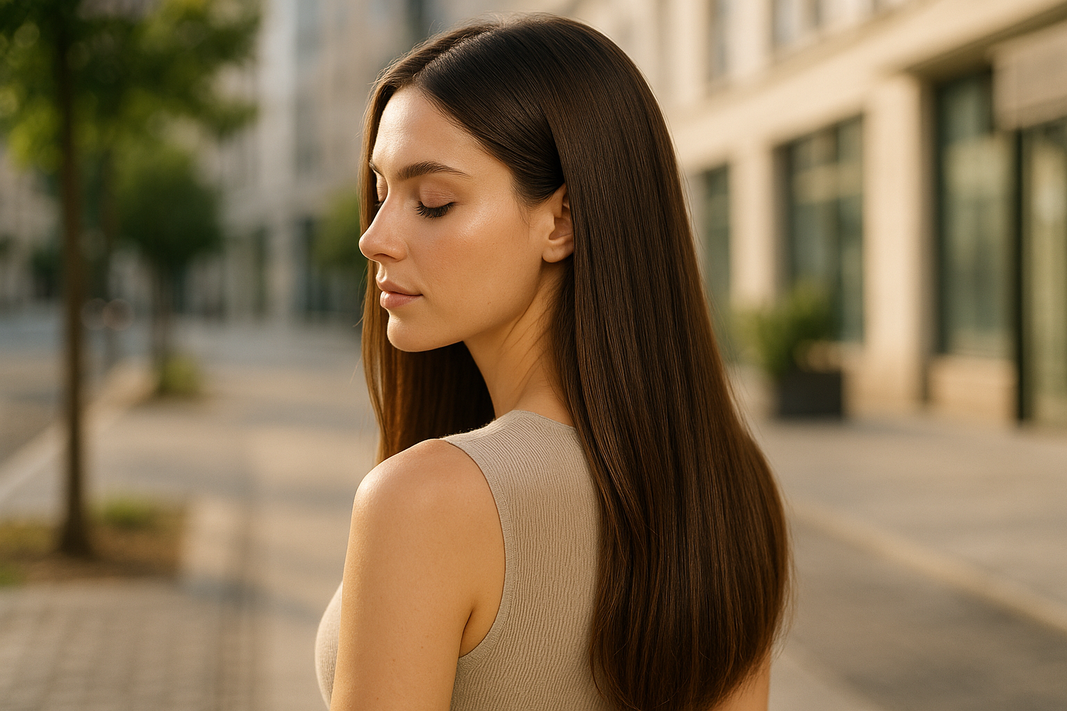 Capelli lucenti protetti da sole e inquinamento in contesto urbano