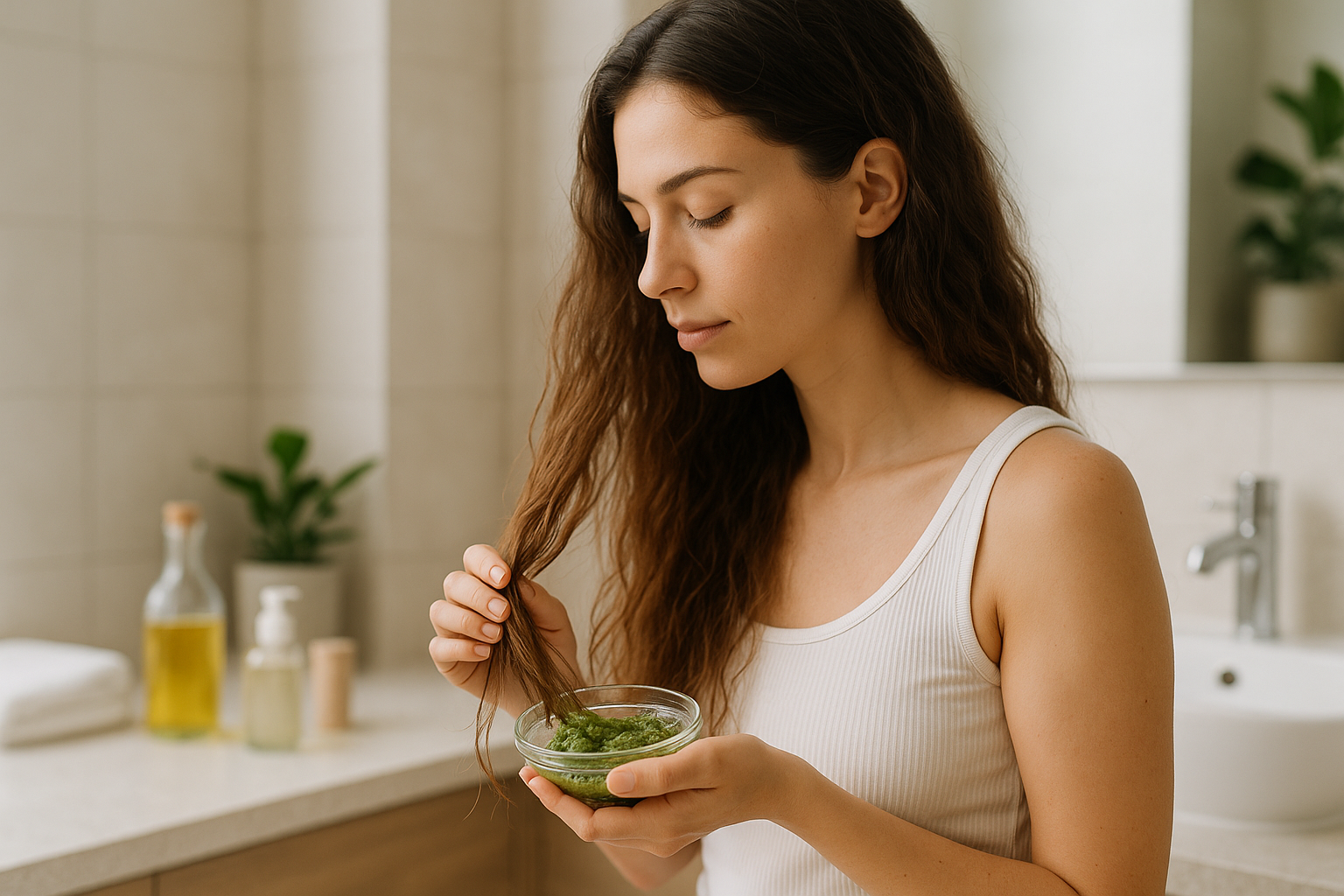 Applicazione di un impacco naturale sulle punte per trattare capelli secchi e crespi