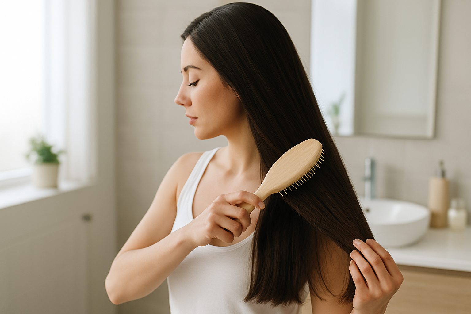 Persona che pettina delicatamente capelli naturali e lucidi in un ambiente luminoso