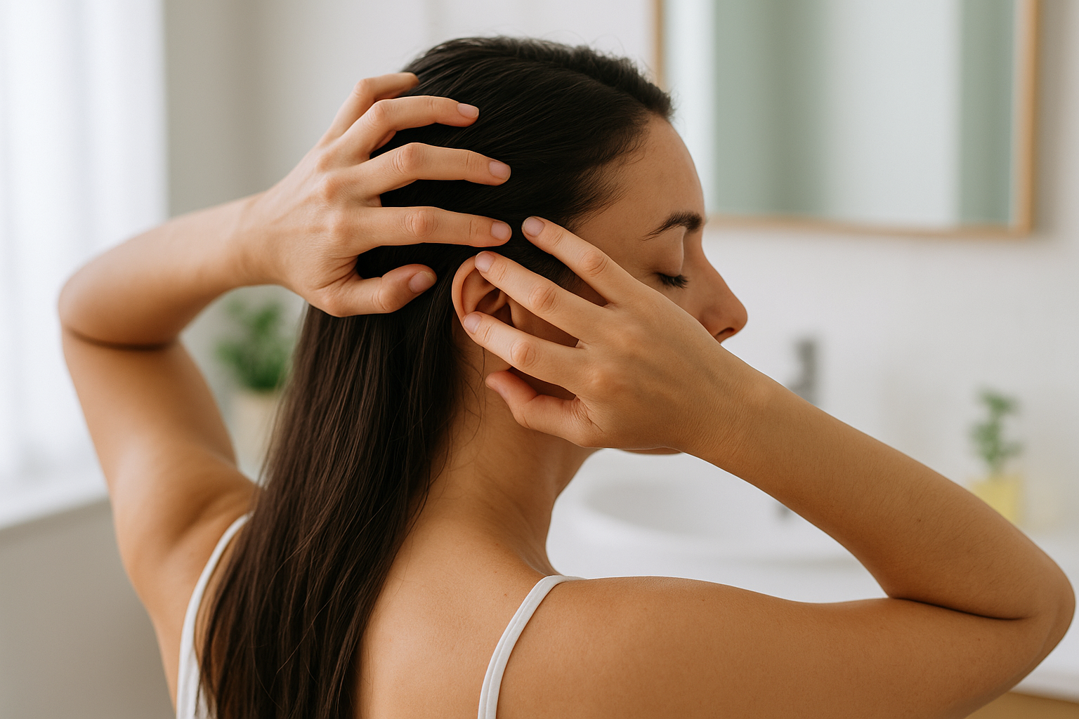 Persona che massaggia delicatamente il cuoio capelluto per alleviare la secchezza