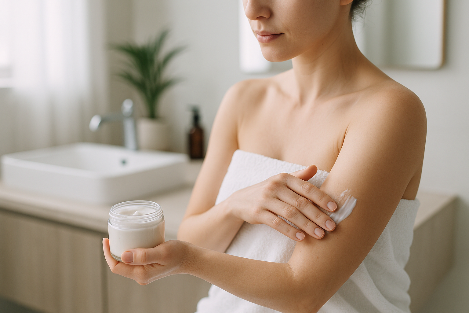 Persona che applica una crema idratante sul braccio dopo la doccia in un bagno luminoso