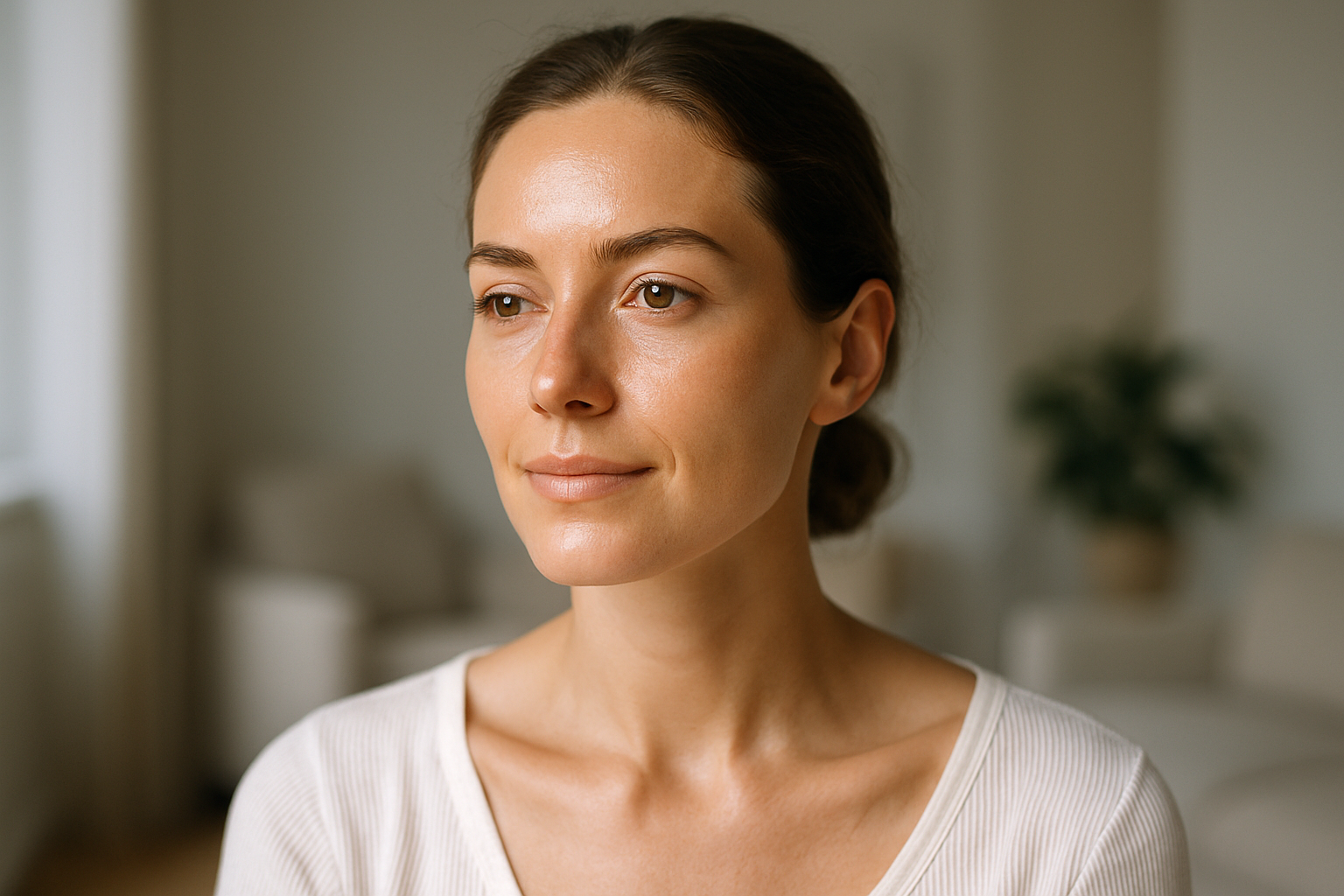 Donna con pelle dall’aspetto sano e luminoso in luce naturale