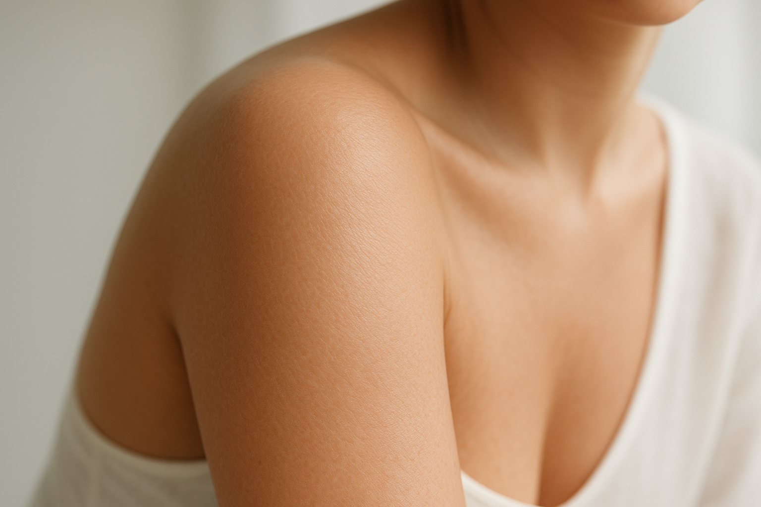 Pelle del corpo dall'aspetto sano e idratato, con texture naturale e luce morbida