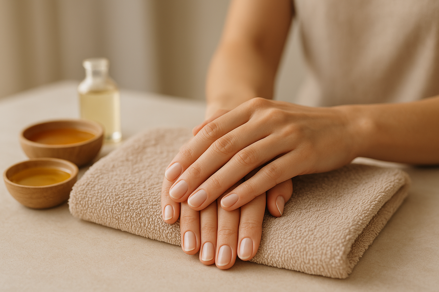 Mani secche in trattamento con ingredienti naturali su sfondo neutro