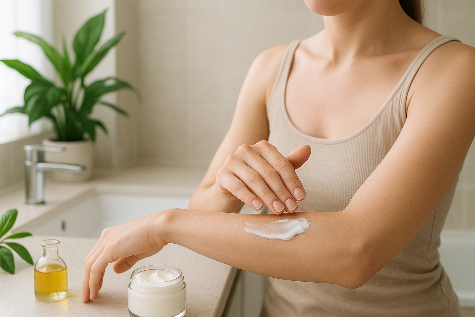 Applicazione di crema idratante sul braccio per una routine di cura del corpo