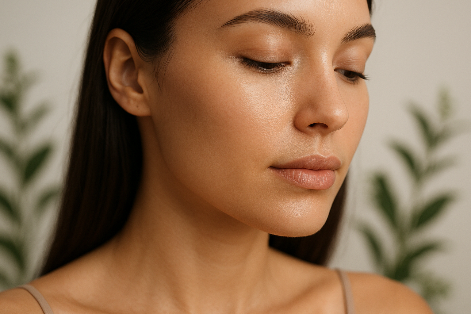 Pelle dall’aspetto tonico e uniforme in luce morbida con sfondo naturale