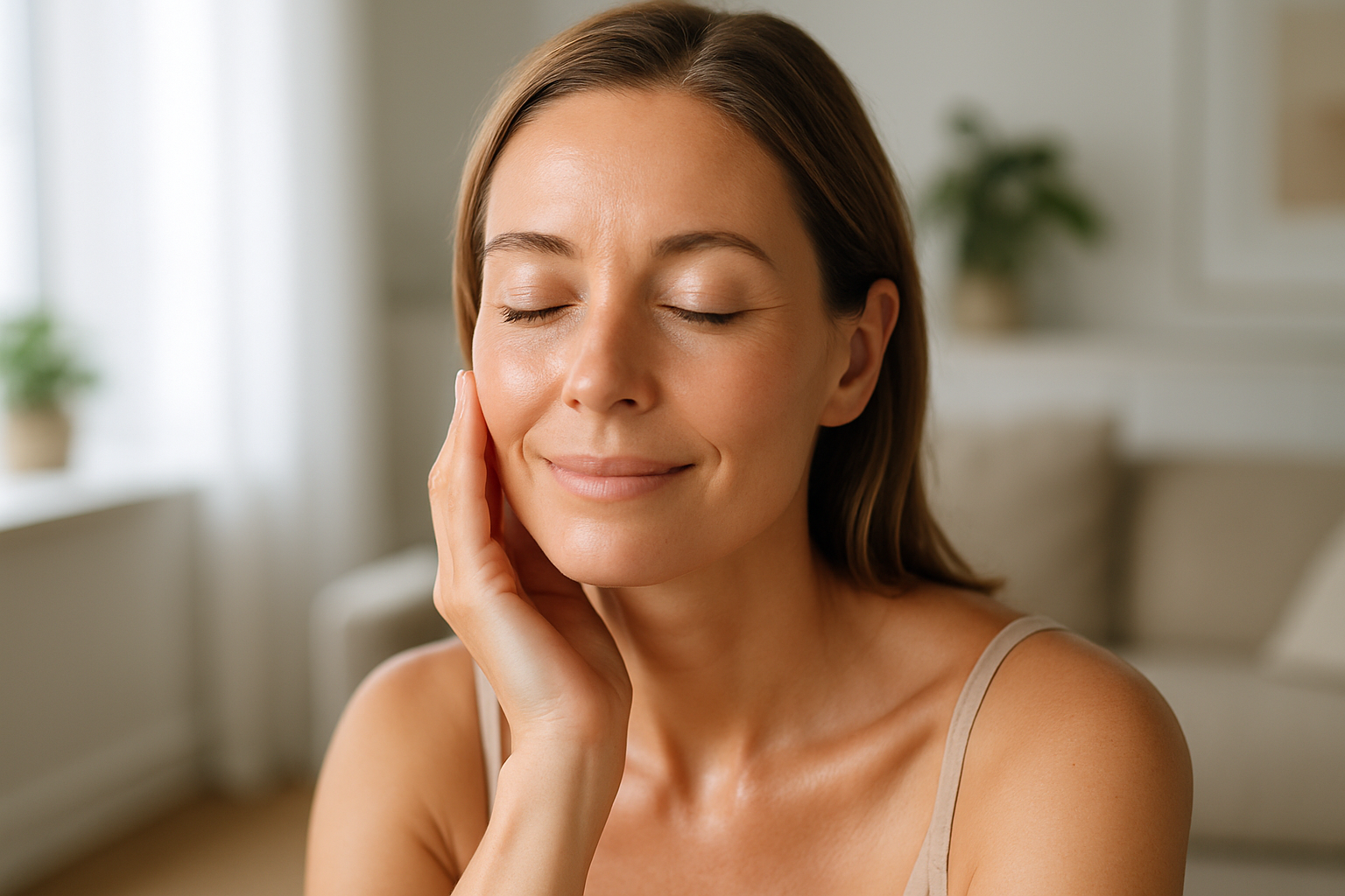 Donna adulta con pelle luminosa e dall’aspetto sano in un ambiente luminoso e naturale