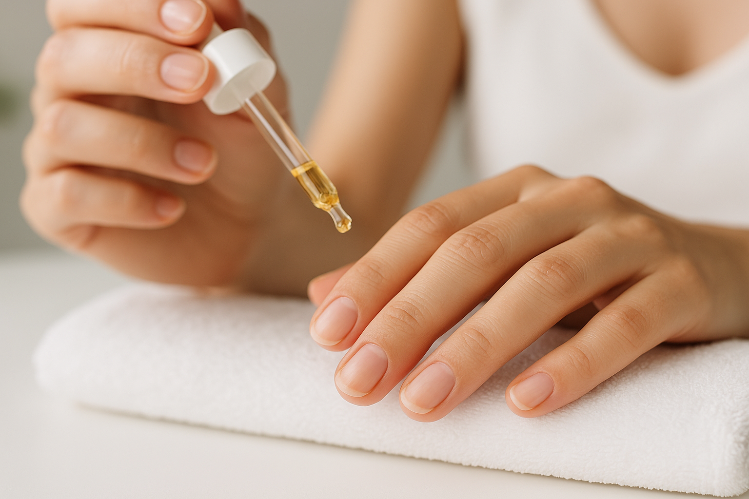 Mano con unghie naturali corte e dall’aspetto sano su sfondo neutro