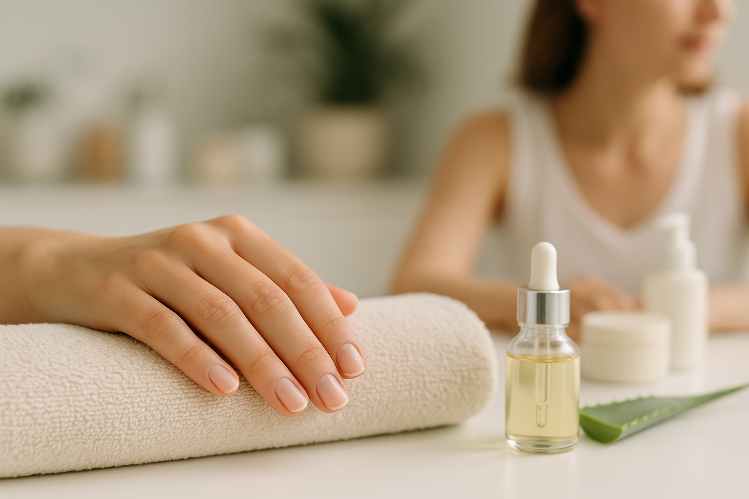 Unghie naturali dall’aspetto sano con cuticole idratate e pelle delle mani curata