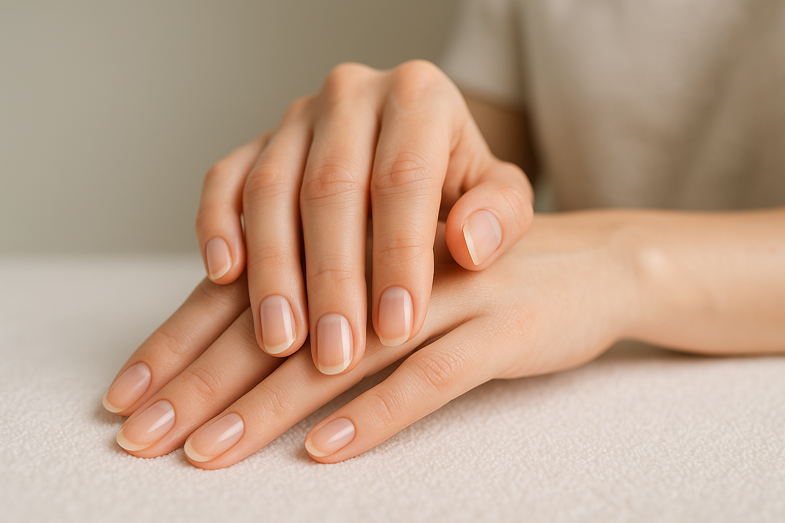 Mani curate con unghie naturali dall’aspetto sano e resistente
