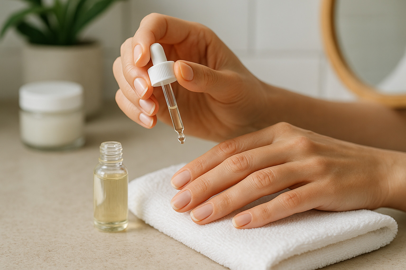 Mani con unghie naturali e cuticole idratate, aspetto sano e luminoso