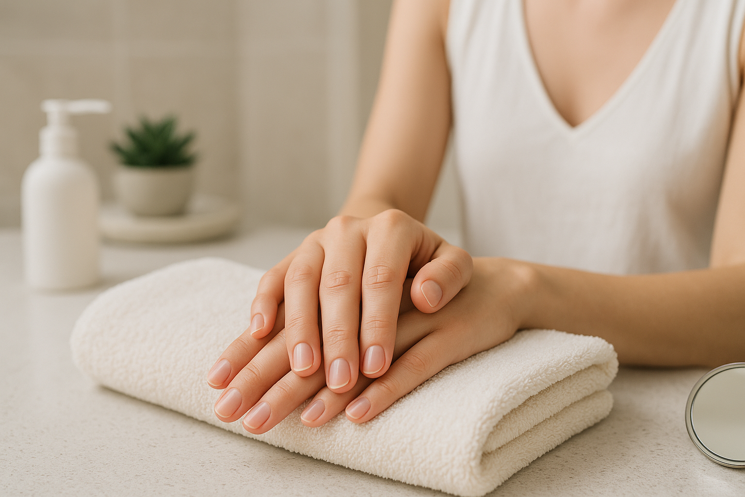 Mani con unghie naturali corte e curate su asciugamano in un ambiente bagno minimal