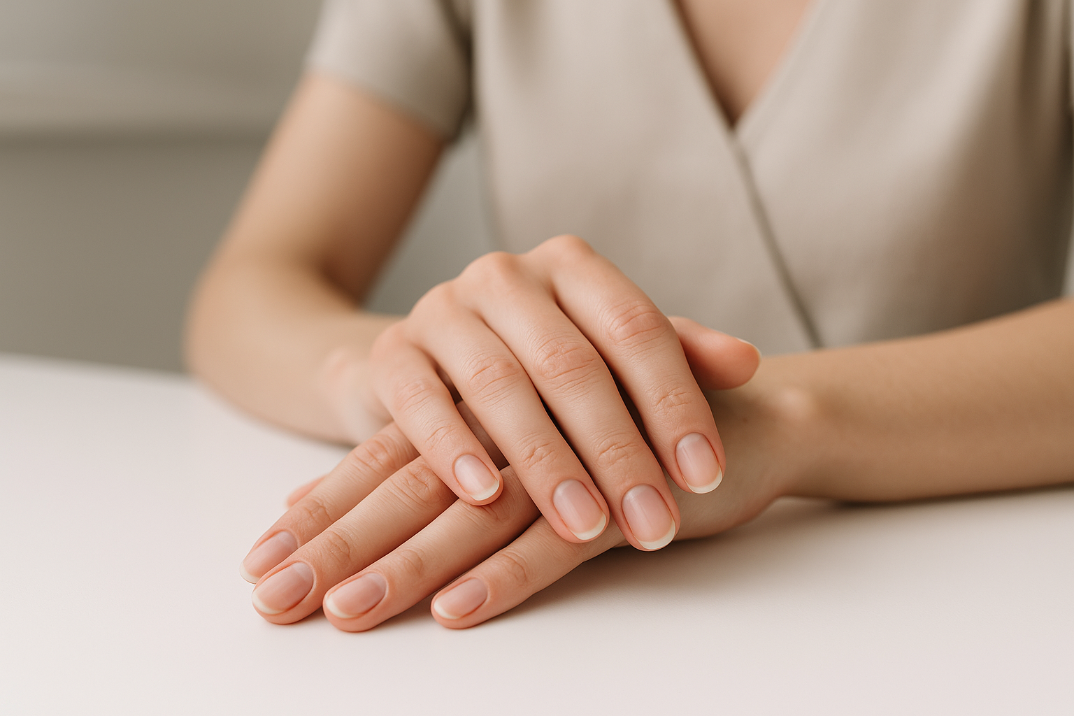 Mani curate con unghie naturali dall’aspetto sano e resistente