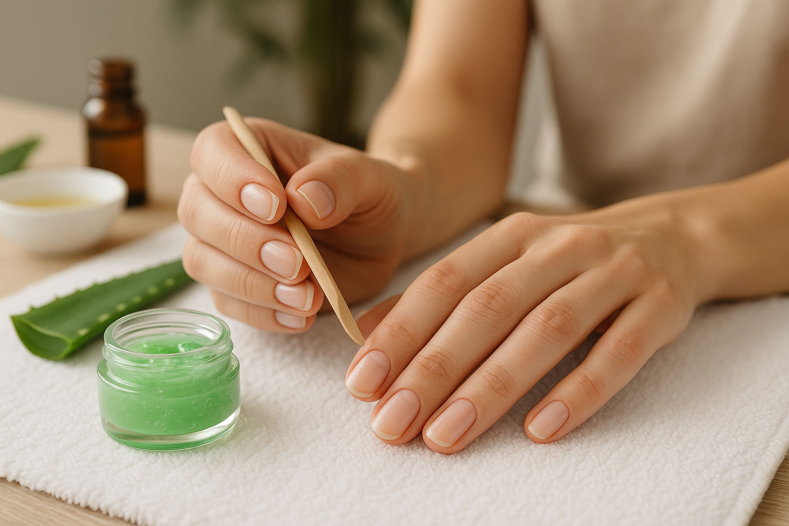 Mani curate con unghie naturali e cuticole dall’aspetto idratato