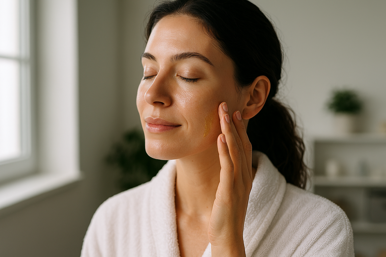 Viso con pelle naturale e luminosa illuminato da luce morbida, a rappresentare il legame tra pelle e benessere