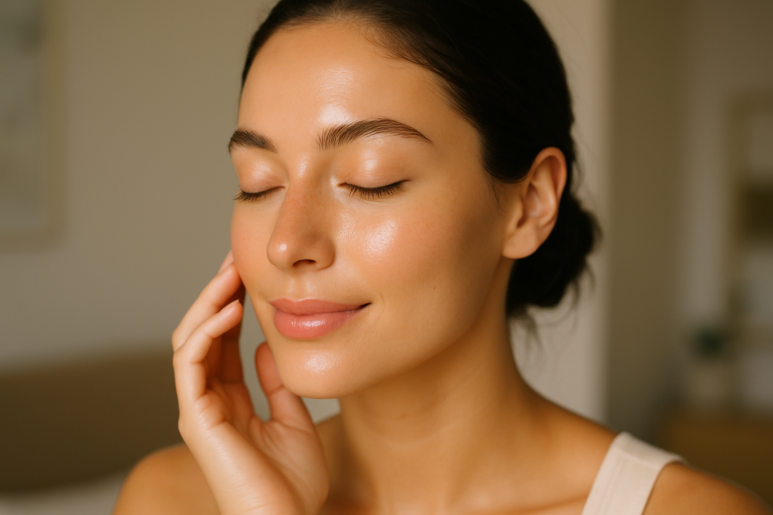Viso con pelle dall’aspetto fresco e luminoso in luce naturale