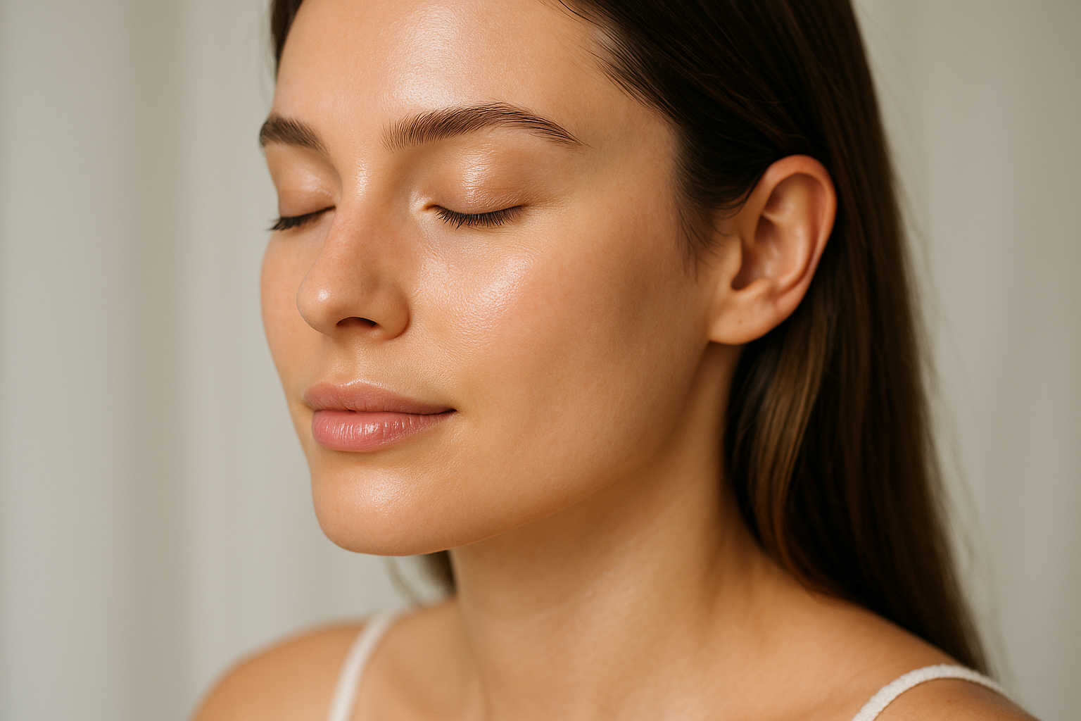 Viso con pelle luminosa e colorito uniforme in luce naturale