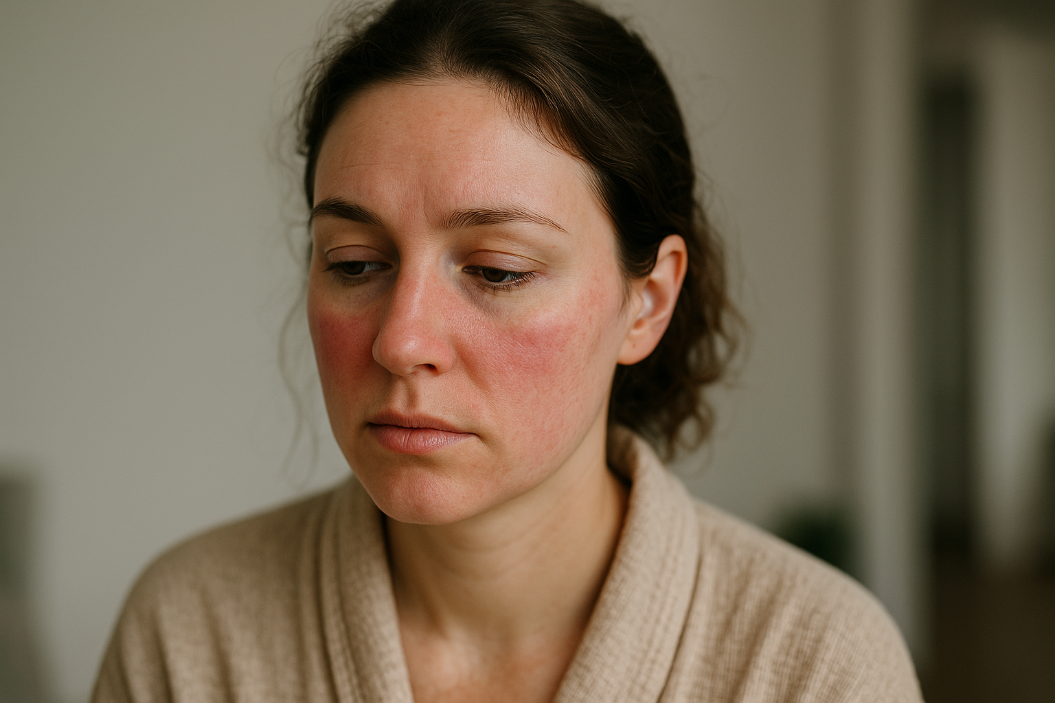 Viso con pelle sensibile e leggermente arrossata associata a stress e stanchezza