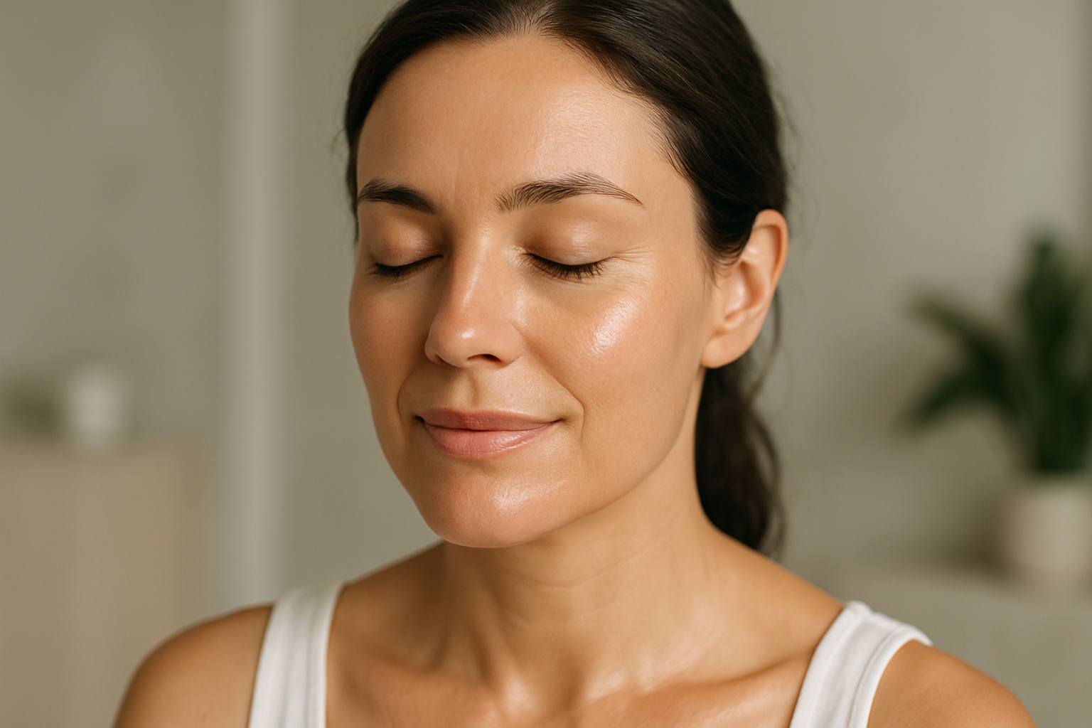 Donna adulta con pelle luminosa e naturale in luce morbida