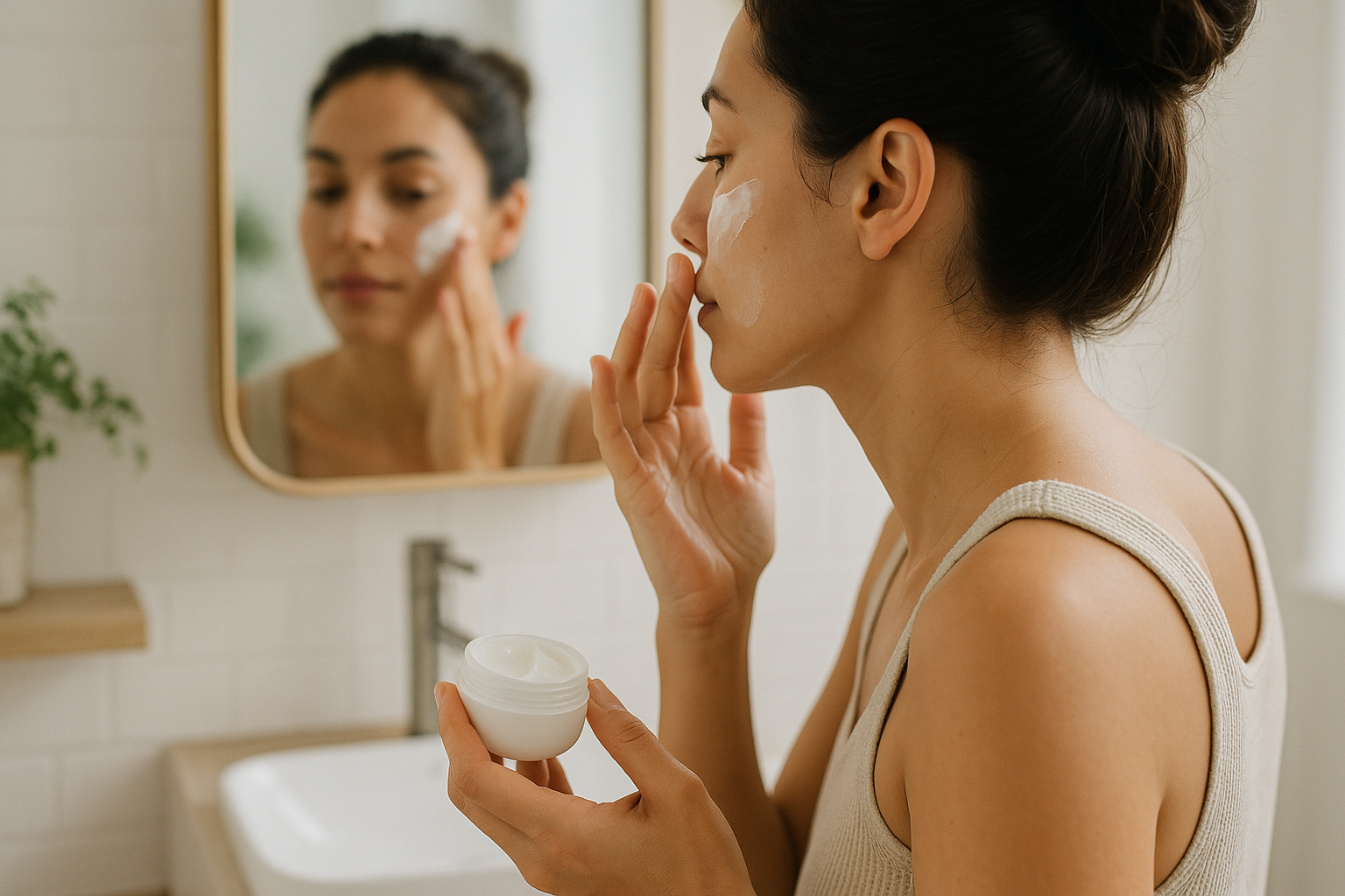 Persona che applica una crema viso durante la routine quotidiana di cura della pelle