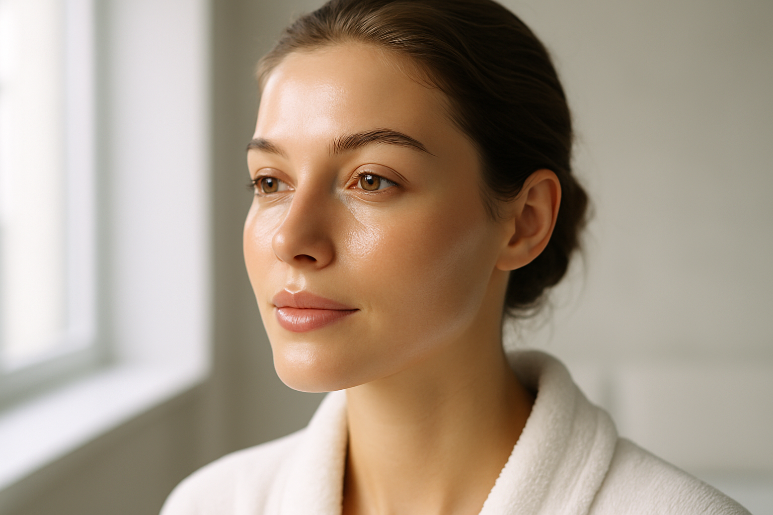 Viso con pelle luminosa e naturale in luce morbida