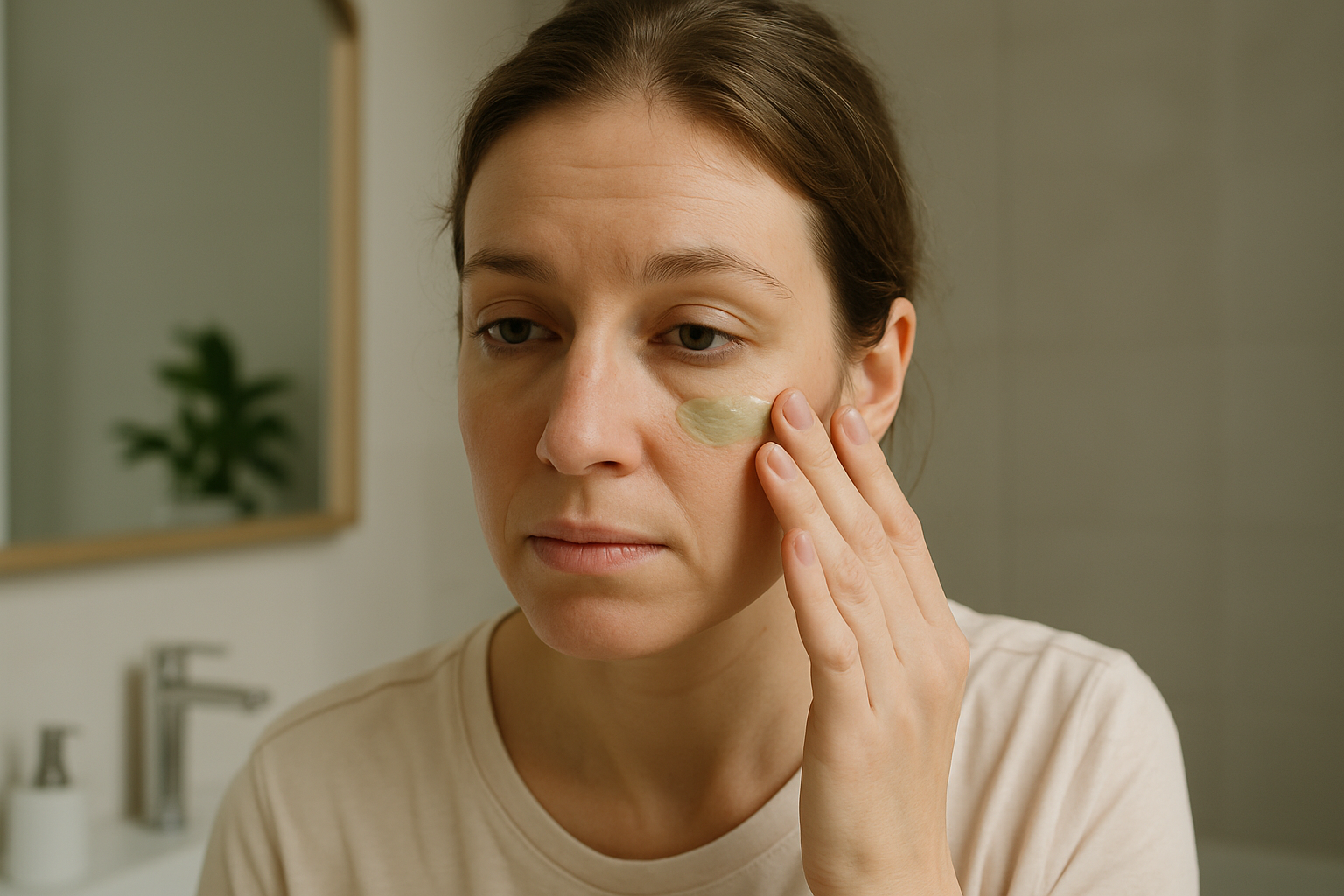 Viso con leggeri segni di stanchezza e contorno occhi appesantito in luce naturale