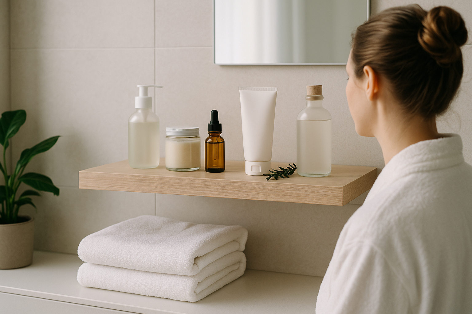 Prodotti essenziali per la cura personale quotidiana in un bagno ordinato e luminoso