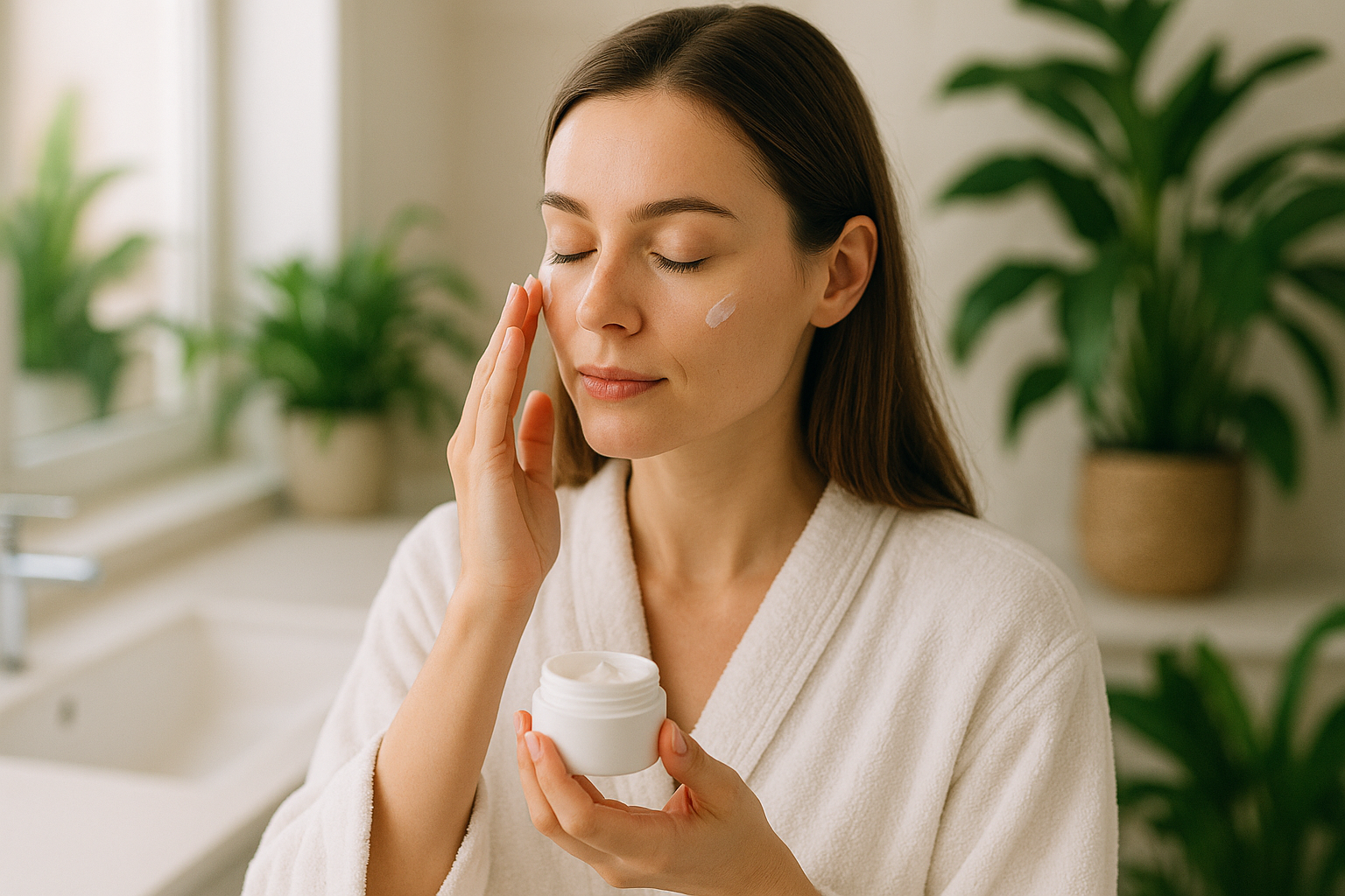 Donna che applica una crema viso in un ambiente luminoso e naturale