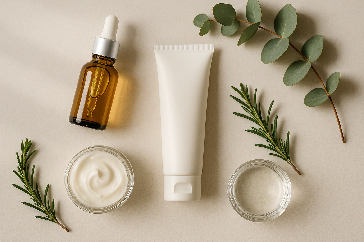 Prodotti per skincare naturale in composizione minimalista su sfondo chiaro con piccoli elementi botanici