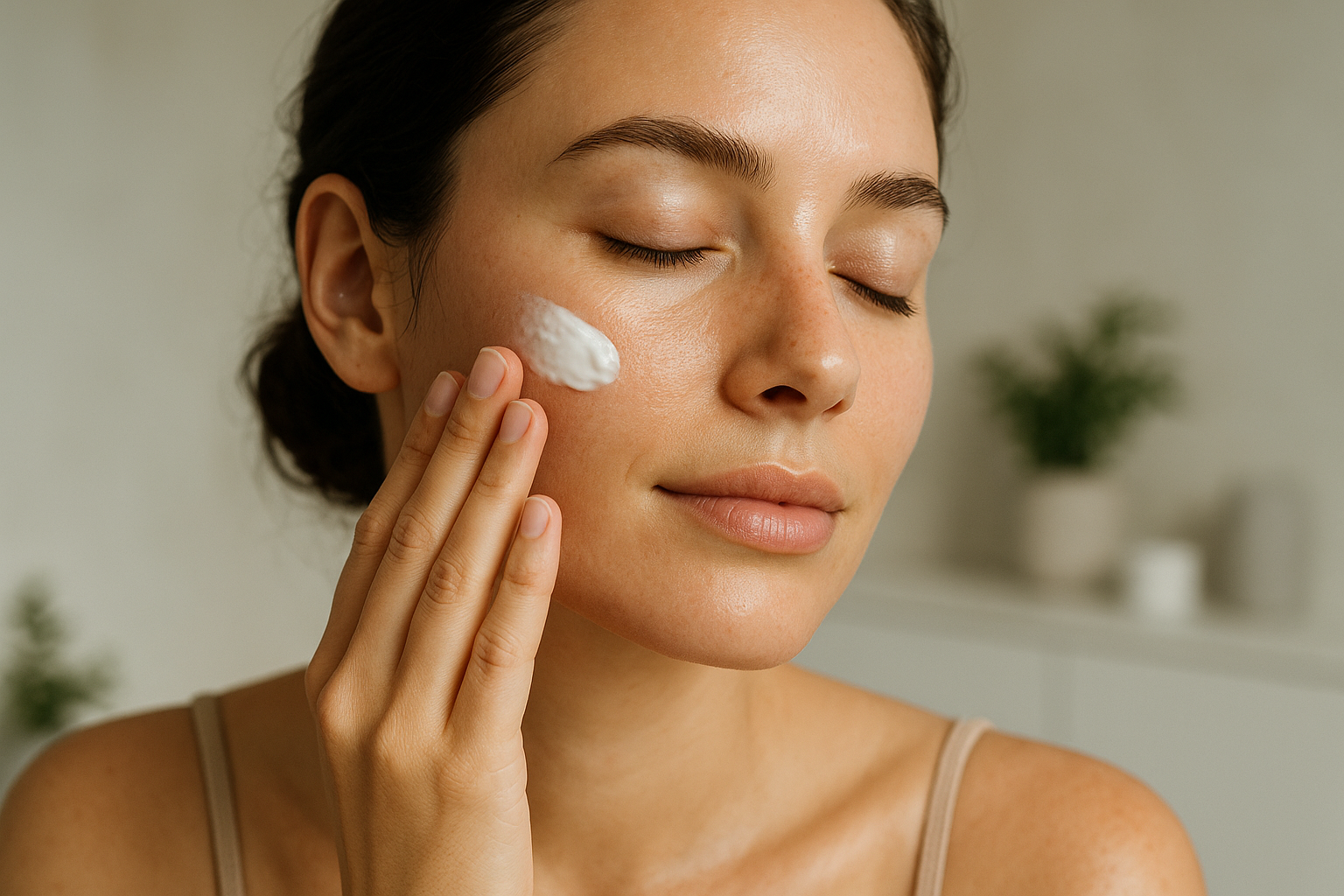 Pelle del viso luminosa e uniforme in luce naturale, simbolo di idratazione e protezione quotidiana