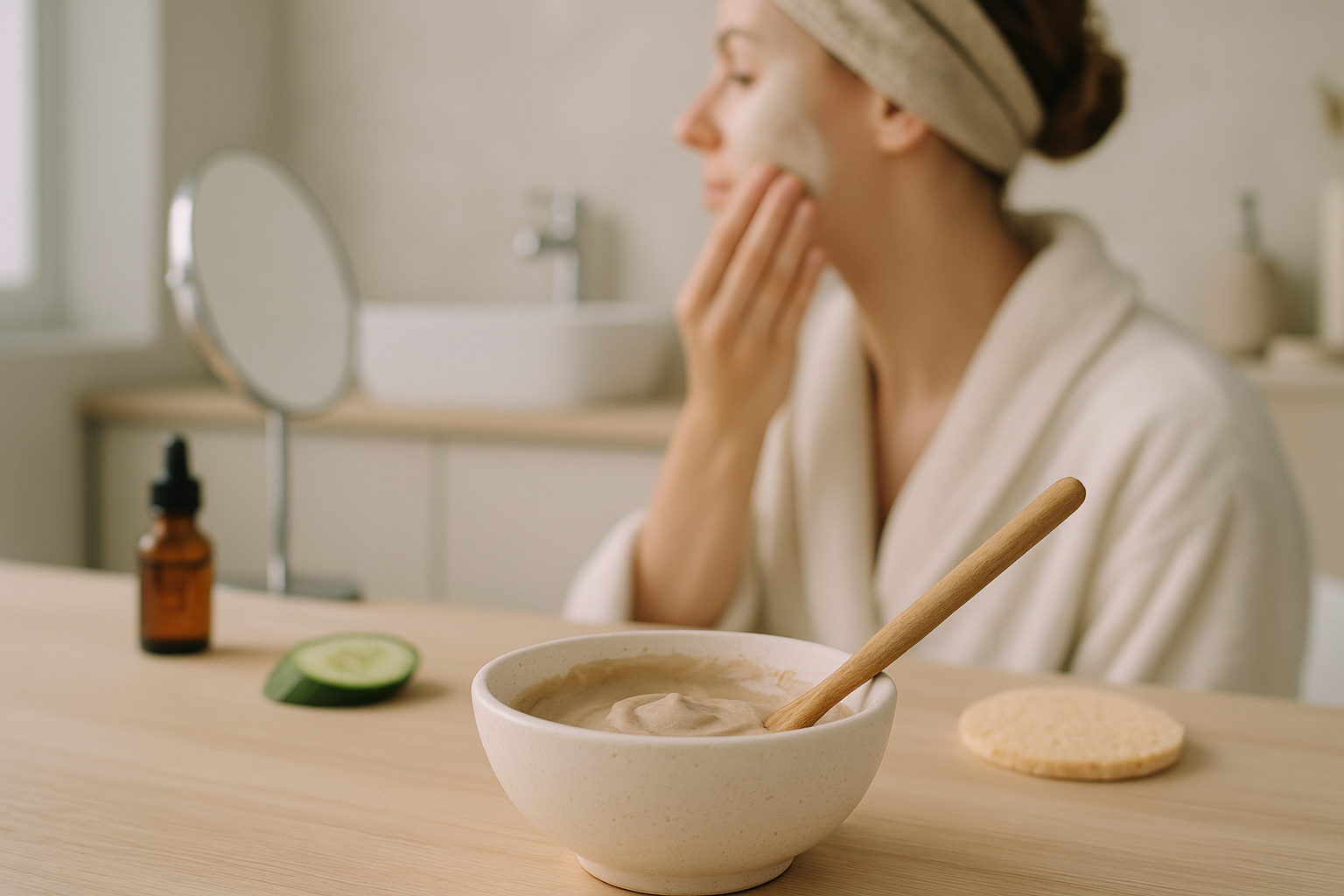 Maschera viso fai da te in ciotola con consistenza cremosa su fondo in legno