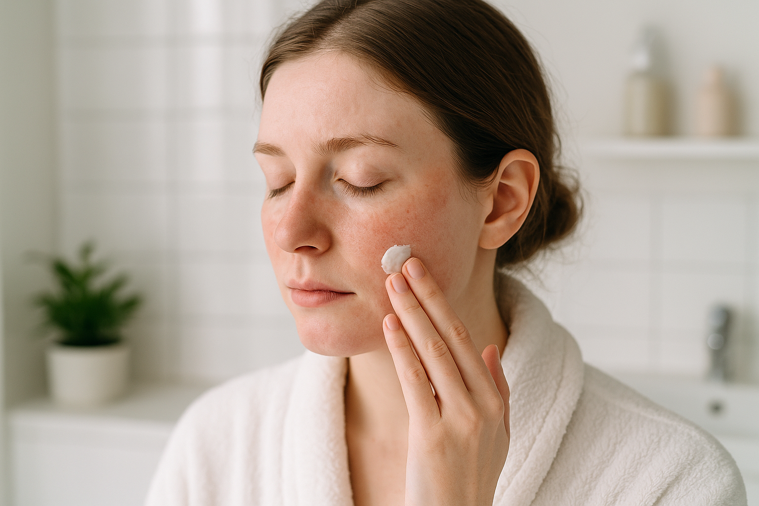 Viso con pelle sensibile e lieve rossore in un ambiente luminoso e neutro