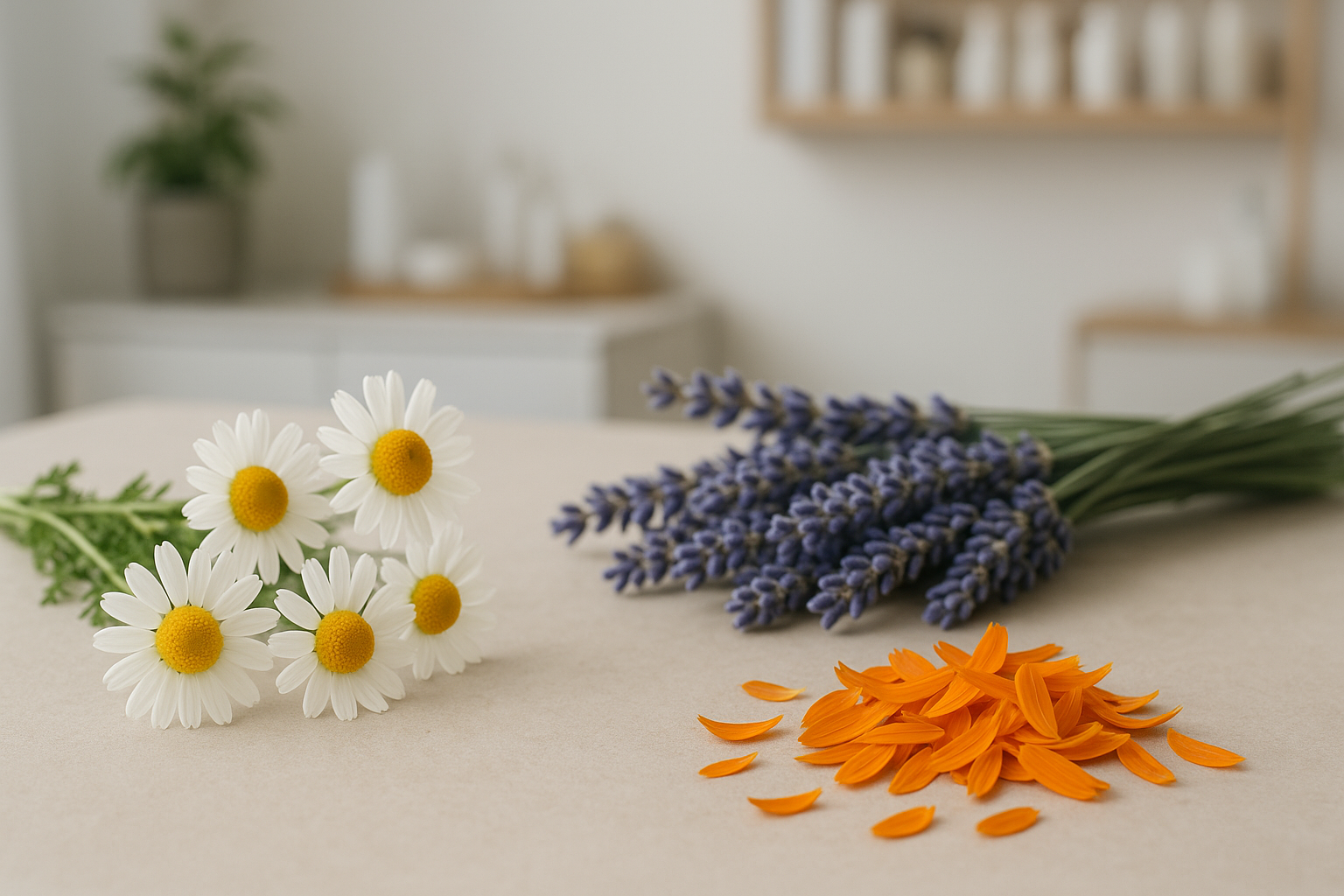 Fiori di camomilla, lavanda e calendula disposti su una superficie neutra in stile naturale e minimal