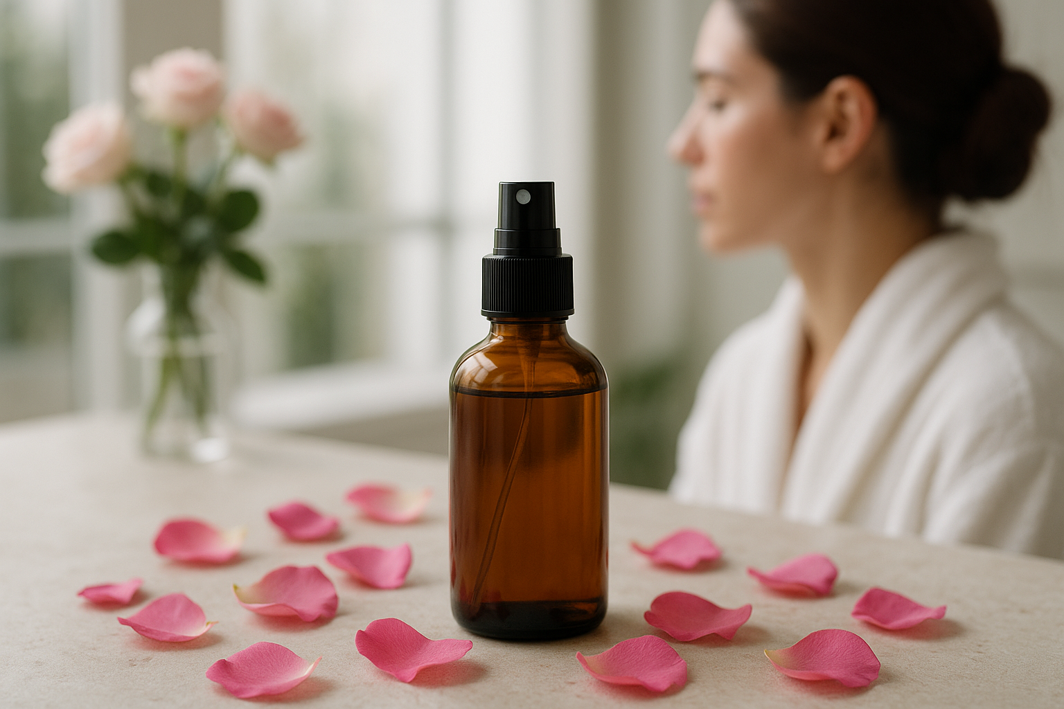 Flacone di acqua di rose in vetro ambrato con nebulizzatore e petali di rosa su superficie chiara