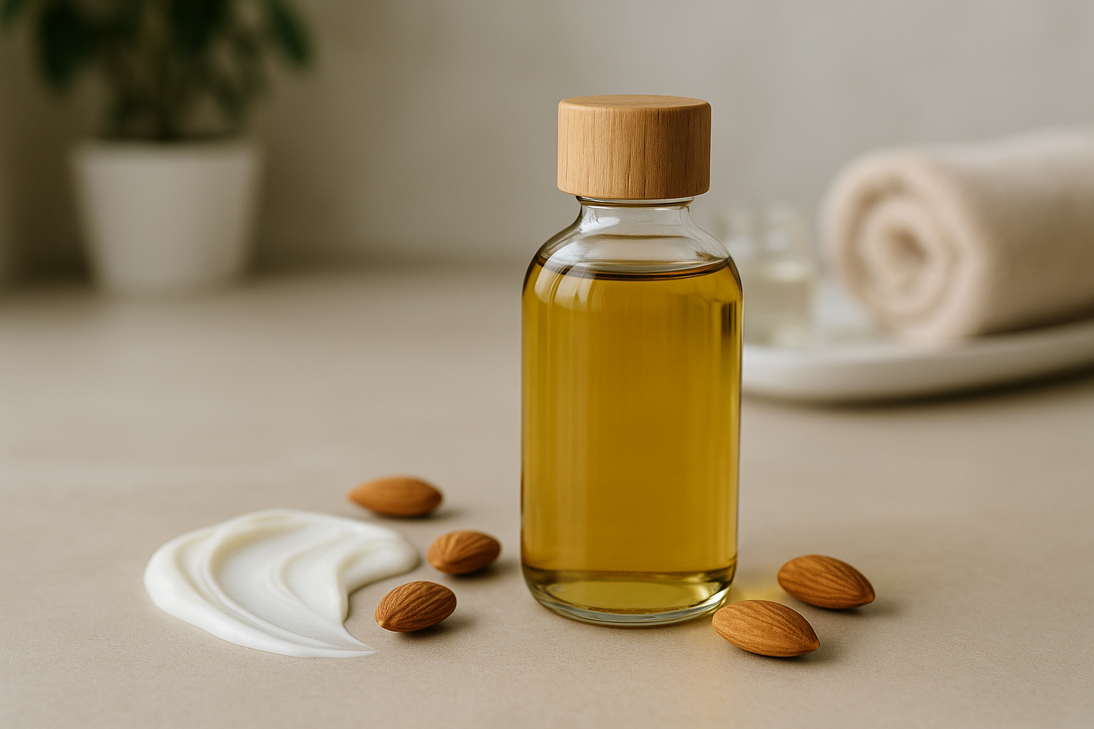 Olio di mandorle dolci per la cura del corpo con mandorle in scena