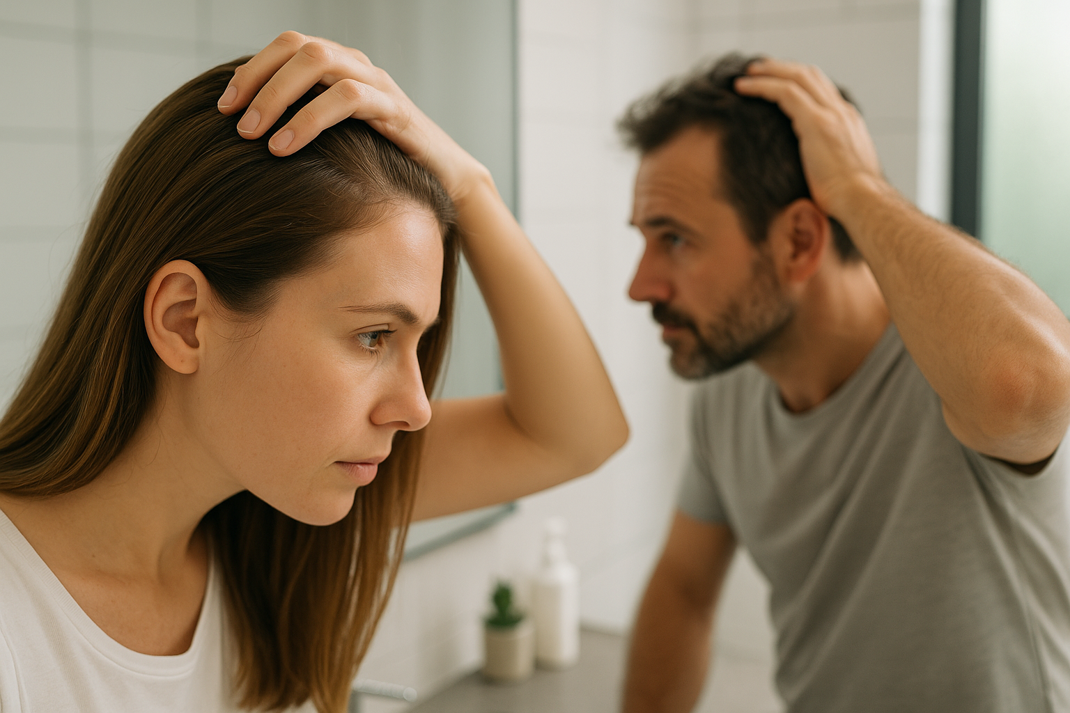 Persona che controlla la caduta dei capelli davanti allo specchio con mano tra i capelli