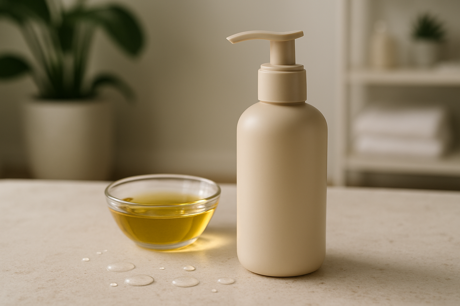 Prodotti neutri per idratazione del corpo con crema, olio vegetale e gocce d’acqua su sfondo chiaro