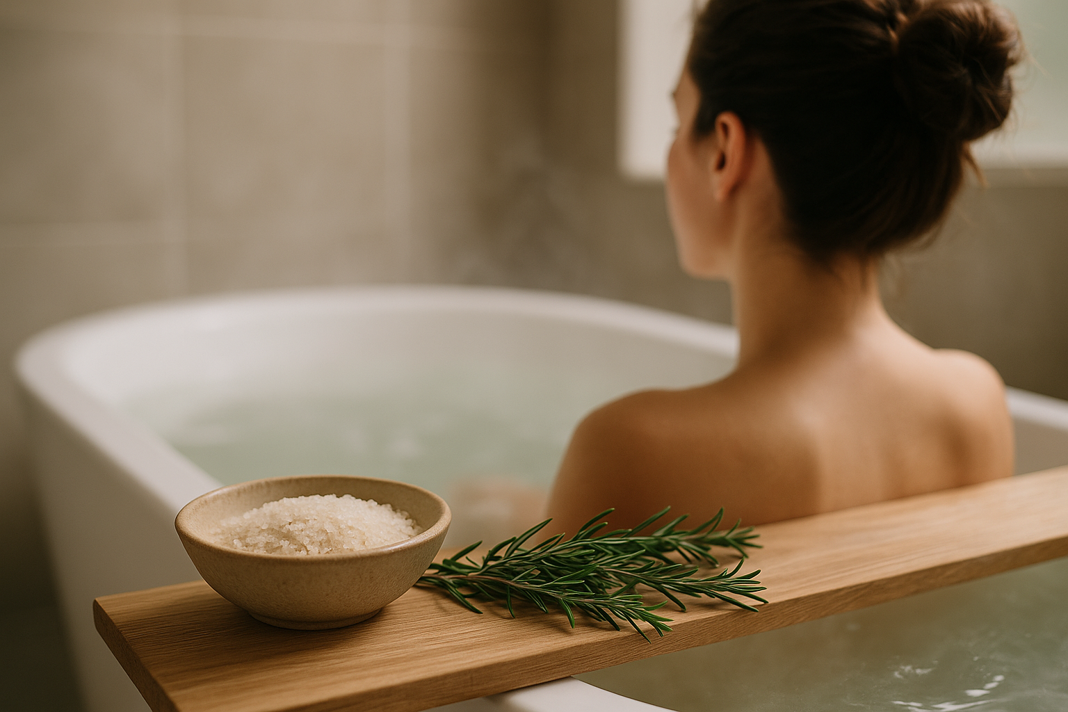 Vasca da bagno con sali naturali ed erbe aromatiche in un’atmosfera rilassante