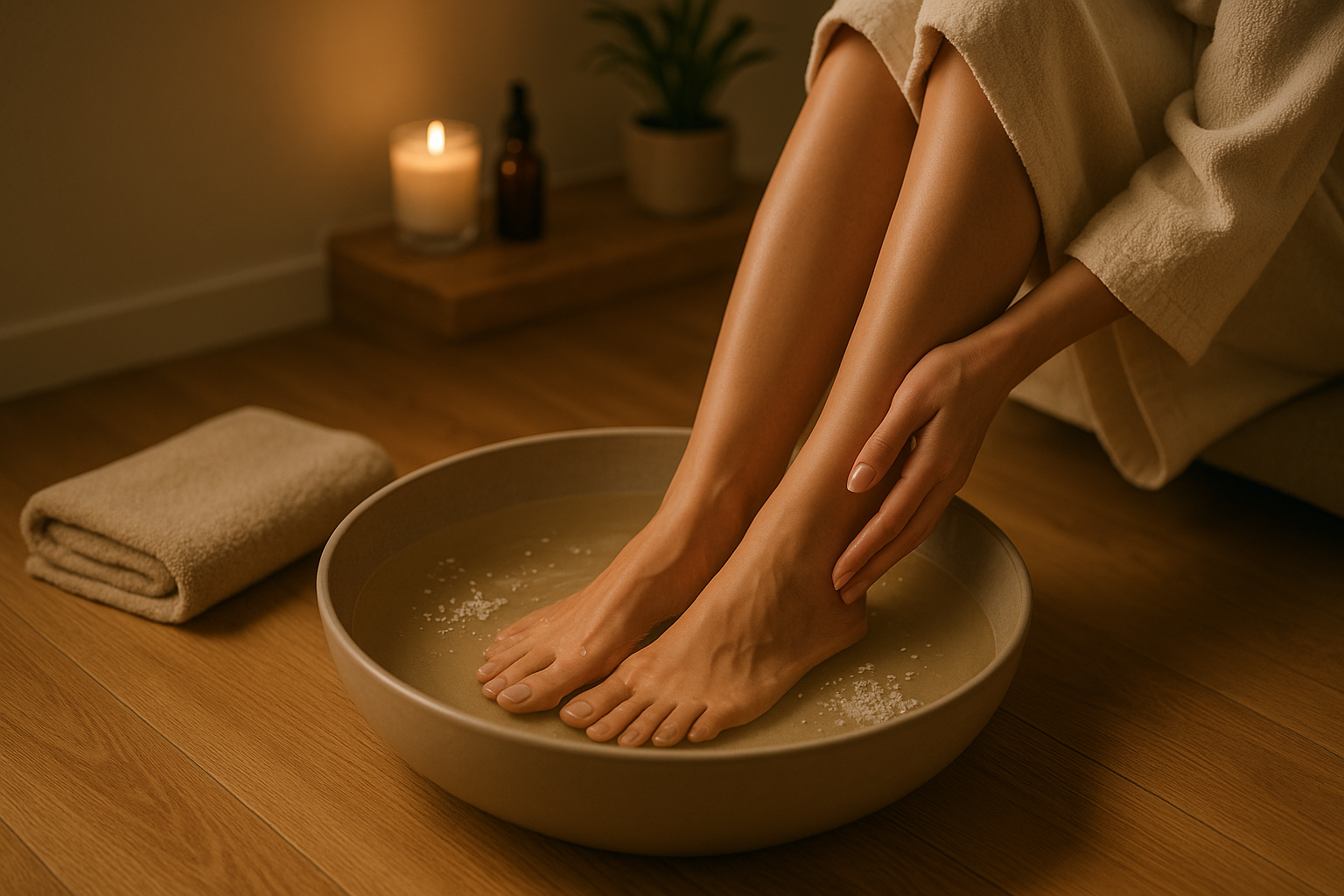 Pediluvio naturale in bacinella con acqua tiepida e sali, ambiente rilassante e minimal