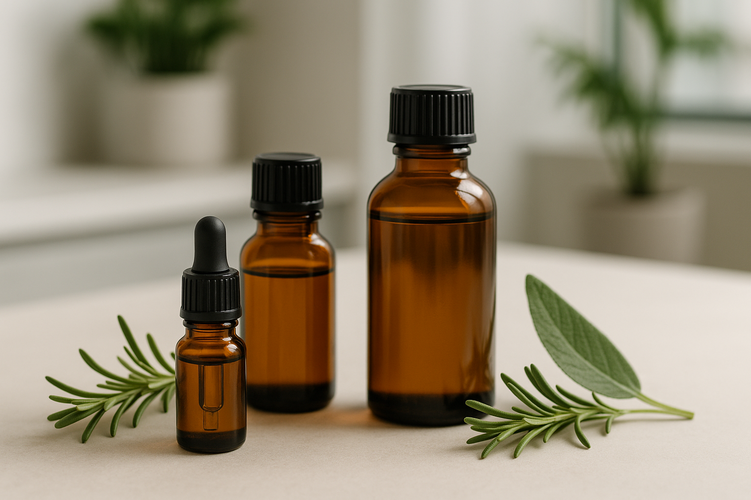 Flaconi ambrati di oli essenziali con foglie aromatiche su sfondo neutro