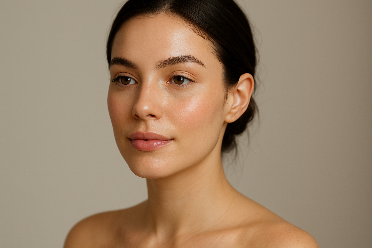 Ritratto con make-up leggero e naturale, pelle luminosa e guance rosate