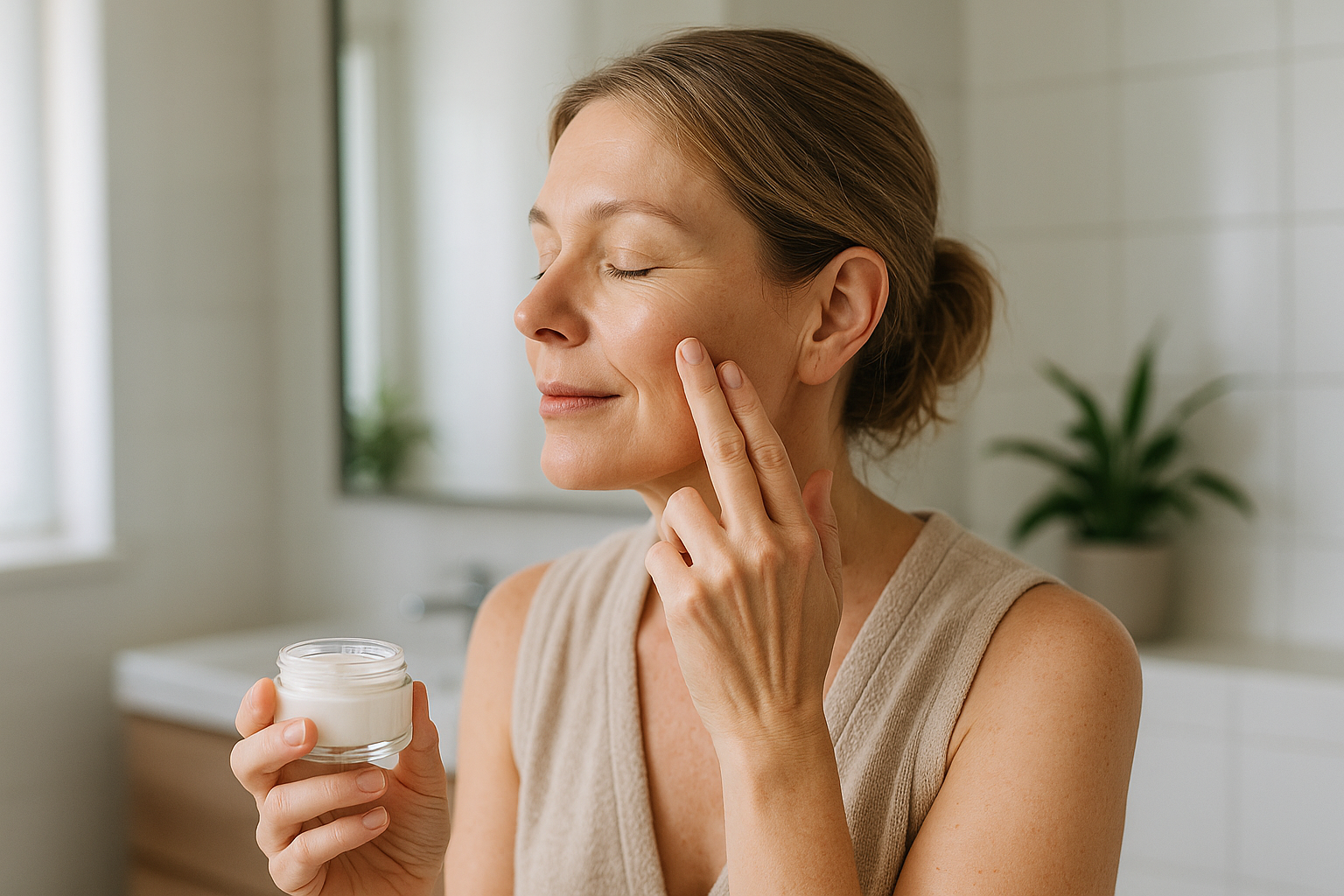 Donna over 40 con pelle luminosa durante una routine skincare semplice in un bagno luminoso