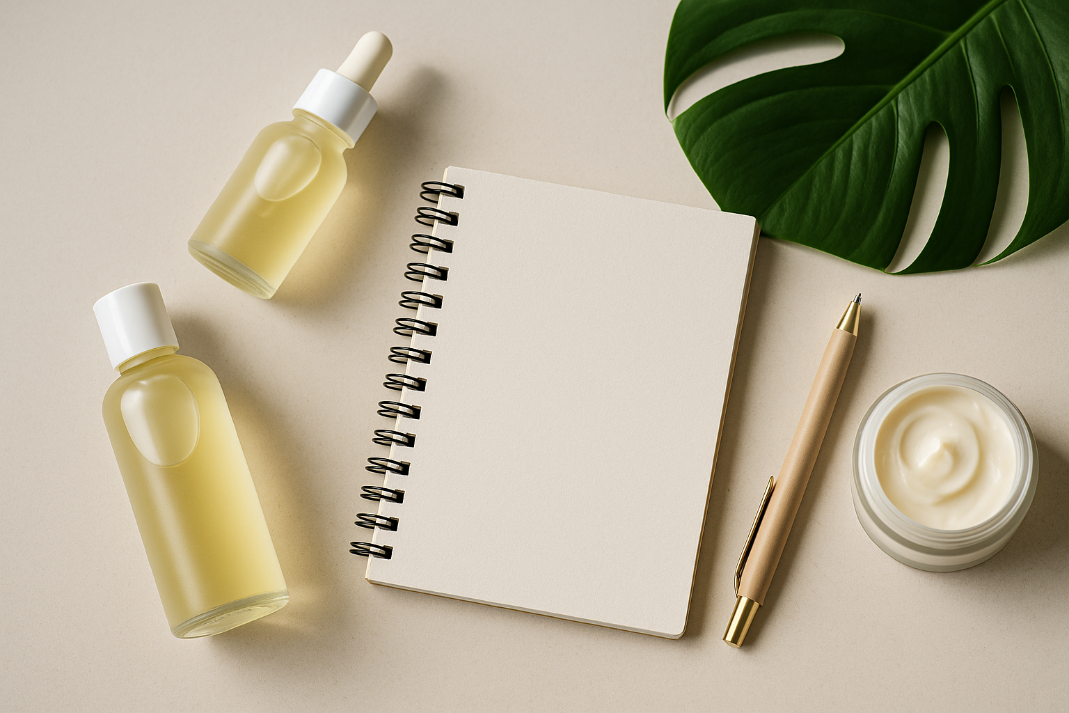 Prodotti cosmetici e taccuino su superficie chiara per rappresentare la lettura dell’INCI
